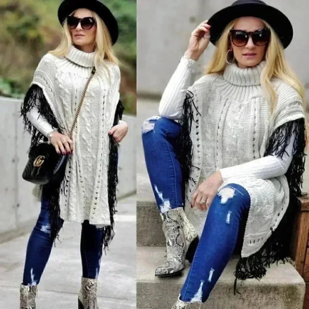 Womens western boho Fringe detailed knit turtleneck Sweater Poncho